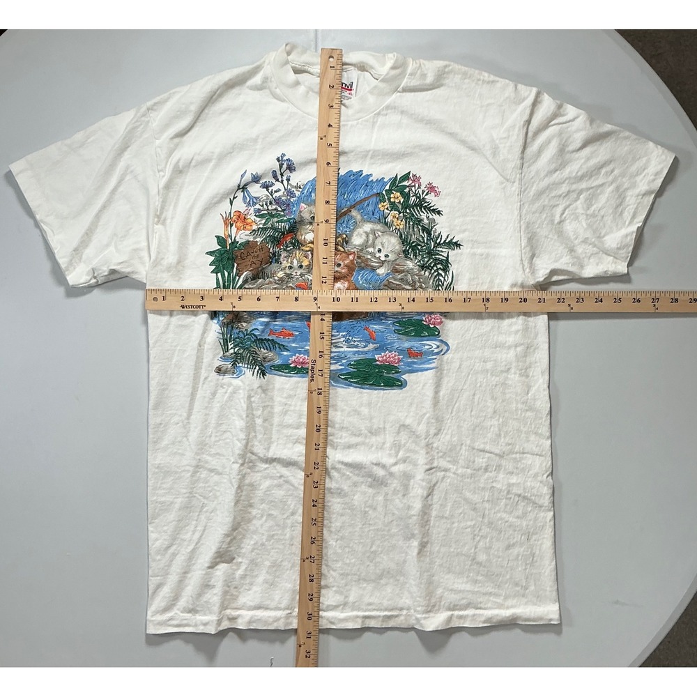 VTG Y2K 90s Single Stitch Cat Kitten Fishing T Shirt Mens XL White Cottagecore - Picture 4 of 8